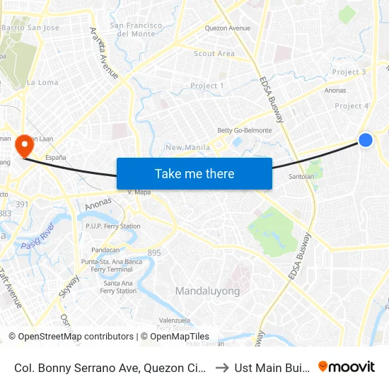 Col. Bonny Serrano Ave, Quezon City, Manila to Ust Main Building map