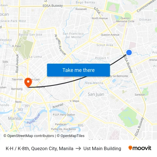 K-H / K-8th, Quezon City, Manila to Ust Main Building map