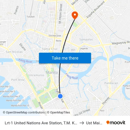 Lrt-1 United Nations Ave Station, T.M. Kalaw / General Luna St, Manila to Ust Main Building map