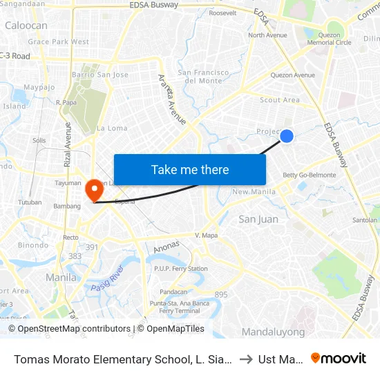 Tomas Morato Elementary School, L. Siangio / Teodoro Gener, Quezon City, Manila to Ust Main Building map