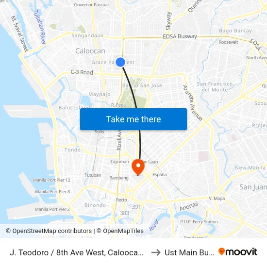 J. Teodoro / 8th Ave West, Caloocan City, Manila to Ust Main Building map