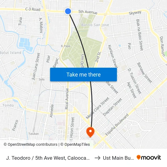 J. Teodoro / 5th Ave West, Caloocan City, Manila to Ust Main Building map