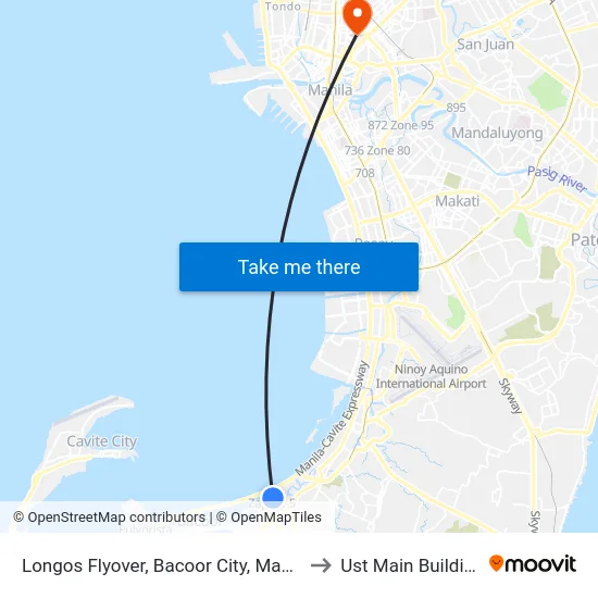 Longos Flyover, Bacoor City, Manila to Ust Main Building map