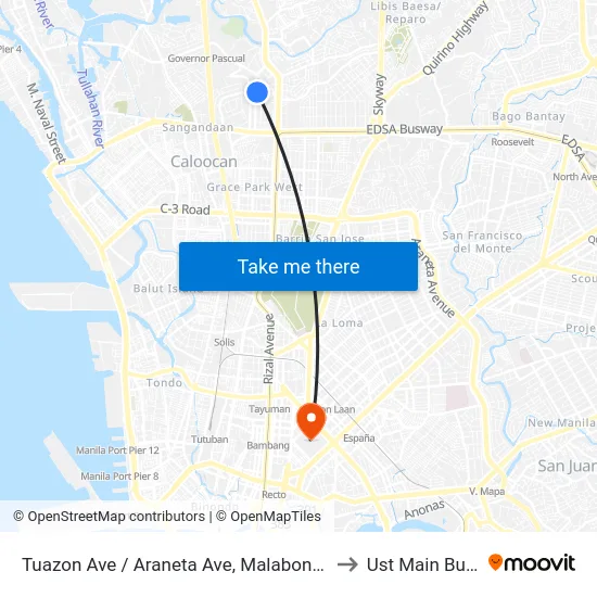 Tuazon Ave / Araneta Ave, Malabon City, Manila to Ust Main Building map