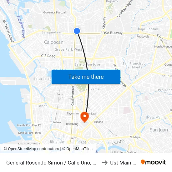 General Rosendo Simon / Calle Uno, Caloocan City, Manila to Ust Main Building map