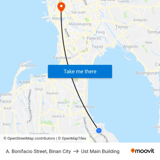 A. Bonifacio Street, Binan City to Ust Main Building map