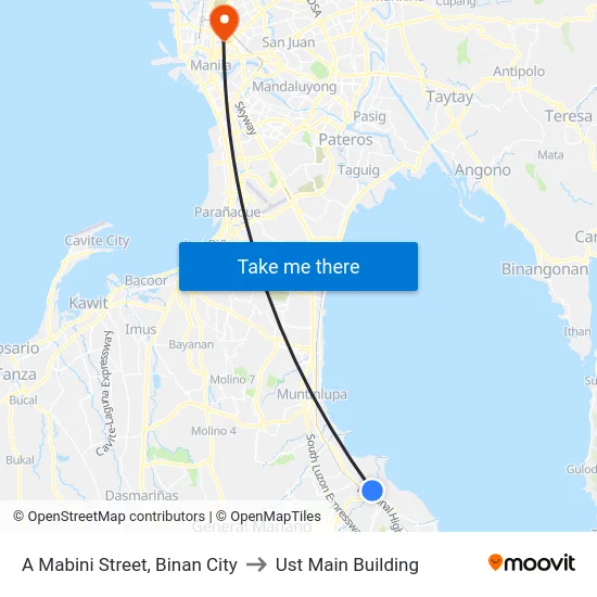 A Mabini Street, Binan City to Ust Main Building map