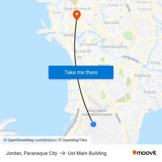 Jordan, Paranaque City to Ust Main Building map