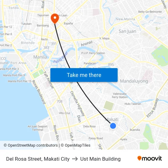 Del Rosa Street, Makati City to Ust Main Building map
