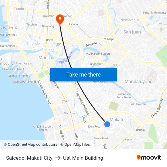 Salcedo, Makati City to Ust Main Building map