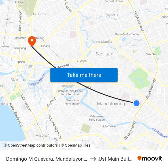 Domingo M Guevara, Mandaluyong City to Ust Main Building map