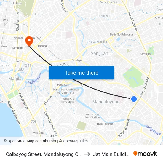 Calbayog Street, Mandaluyong City to Ust Main Building map