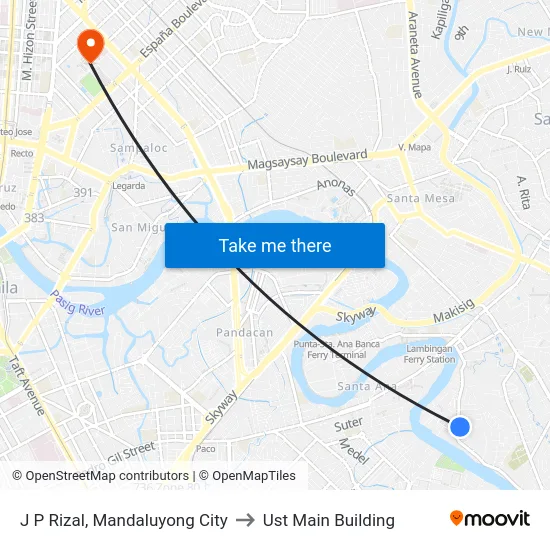 J P Rizal, Mandaluyong City to Ust Main Building map