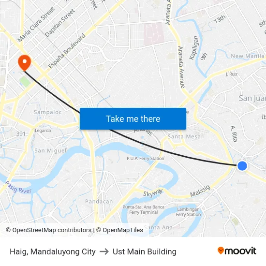 Haig, Mandaluyong City to Ust Main Building map