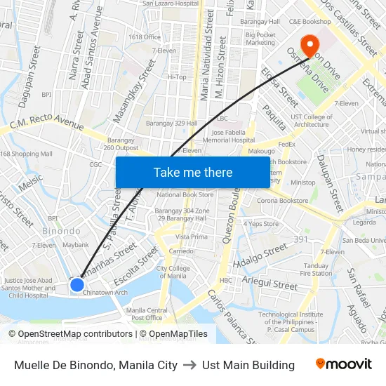 Muelle De Binondo, Manila City to Ust Main Building map