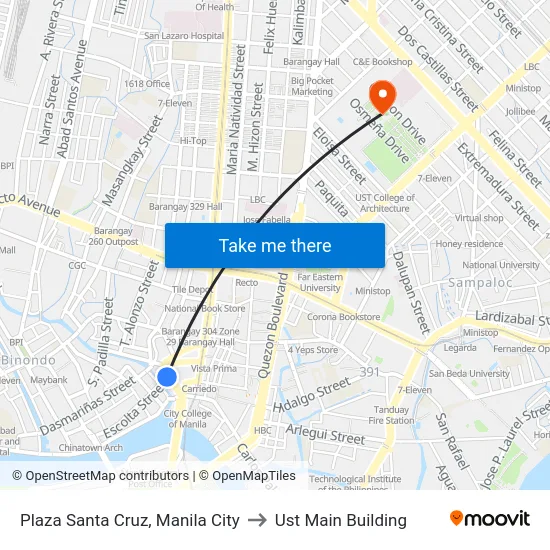 Plaza Santa Cruz, Manila City to Ust Main Building map