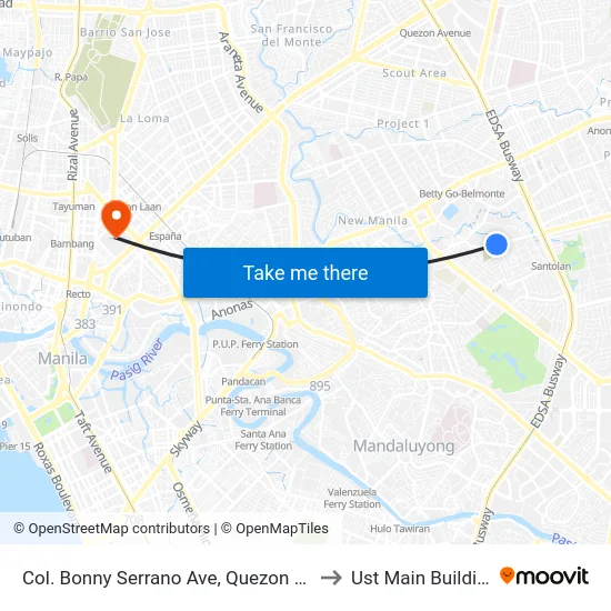 Col. Bonny Serrano Ave, Quezon City to Ust Main Building map