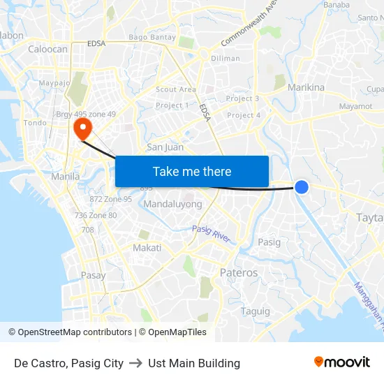 De Castro, Pasig City to Ust Main Building map