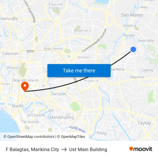 F Balagtas, Marikina City to Ust Main Building map