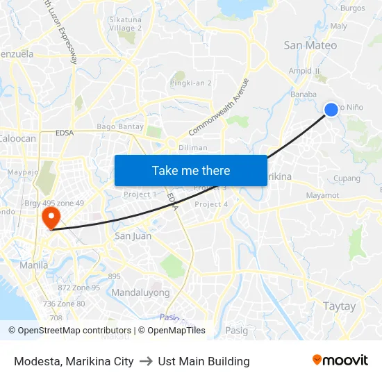 Modesta, Marikina City to Ust Main Building map