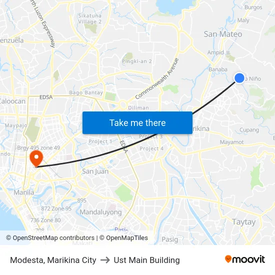 Modesta, Marikina City to Ust Main Building map
