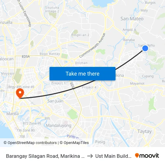 Barangay Silagan Road, Marikina City to Ust Main Building map