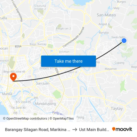 Barangay Silagan Road, Marikina City to Ust Main Building map