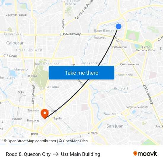 Road 8, Quezon City to Ust Main Building map