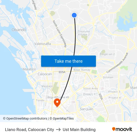 Llano Road, Caloocan City to Ust Main Building map