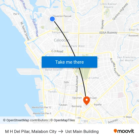 M H Del Pilar, Malabon City to Ust Main Building map