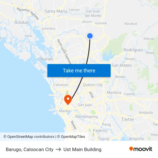 Barugo, Caloocan City to Ust Main Building map