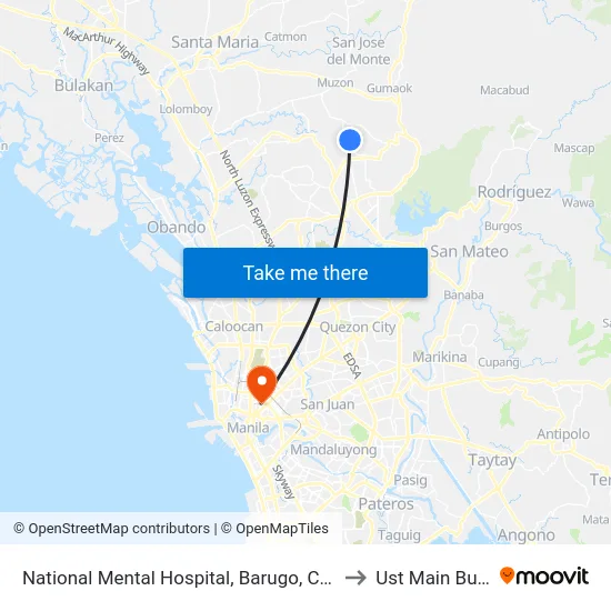 National Mental Hospital, Barugo, Caloocan City to Ust Main Building map
