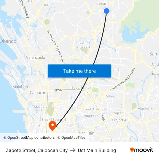 Zapote Street, Caloocan City to Ust Main Building map