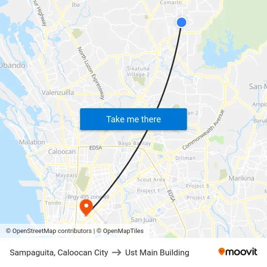 Sampaguita, Caloocan City to Ust Main Building map