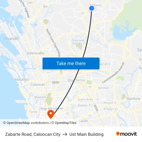 Zabarte Road, Caloocan City to Ust Main Building map