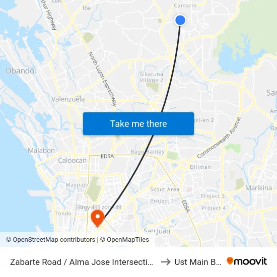 Zabarte Road / Alma Jose Intersection, Caloocan City to Ust Main Building map