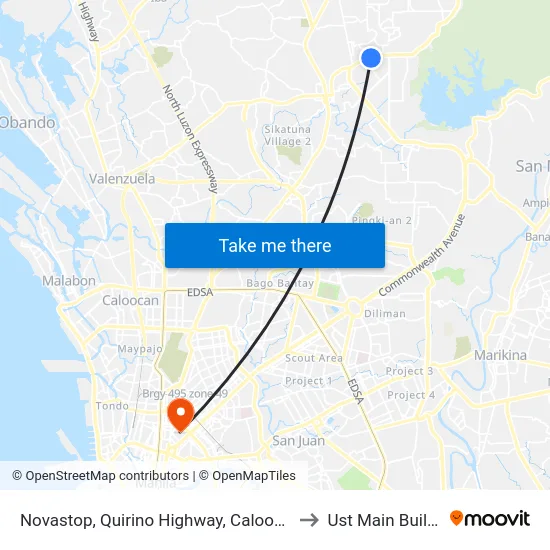 Novastop, Quirino Highway, Caloocan City to Ust Main Building map