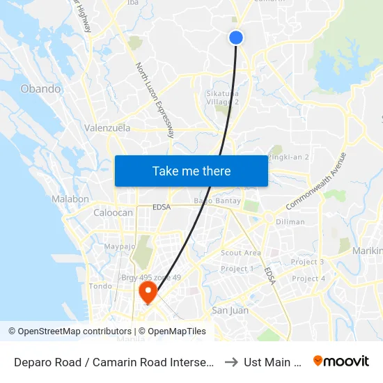 Deparo Road / Camarin Road Intersection, Caloocan City to Ust Main Building map