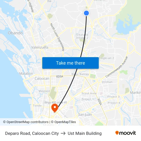 Deparo Road, Caloocan City to Ust Main Building map