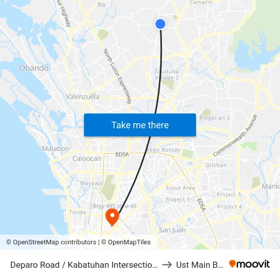 Deparo Road / Kabatuhan Intersection, Caloocan City to Ust Main Building map