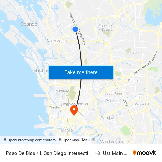 Paso De Blas / L San Diego Intersection, Valenzuela City to Ust Main Building map