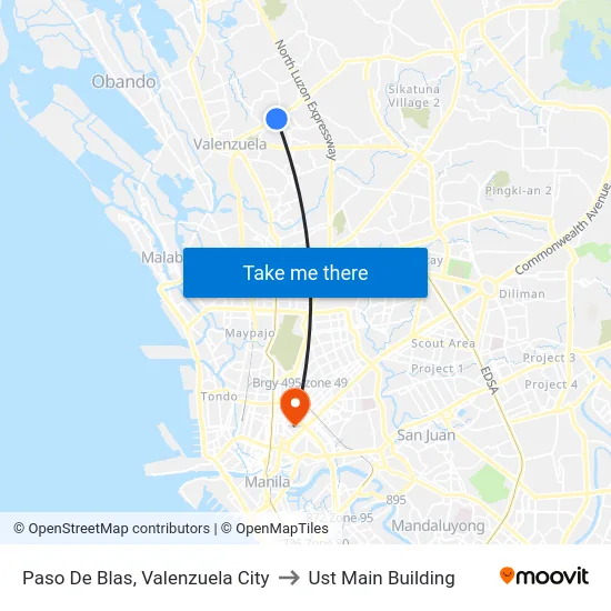 Paso De Blas, Valenzuela City to Ust Main Building map