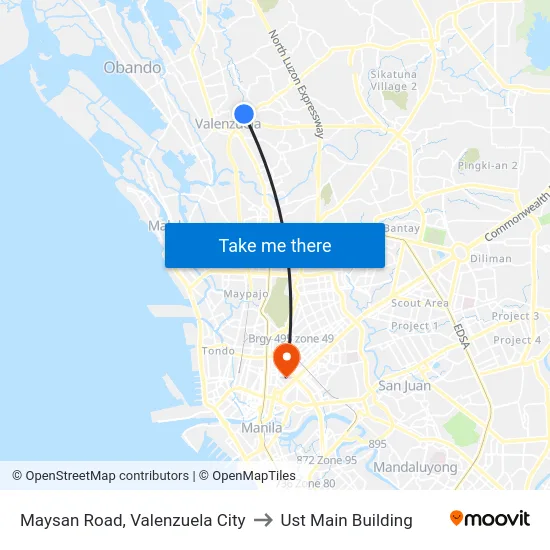 Maysan Road, Valenzuela City to Ust Main Building map
