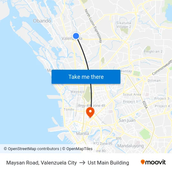 Maysan Road, Valenzuela City to Ust Main Building map