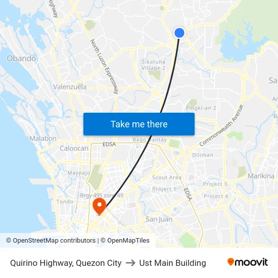 Quirino Highway, Quezon City to Ust Main Building map