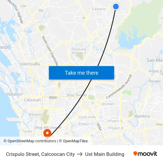 Crispulo Street, Calcoocan City to Ust Main Building map