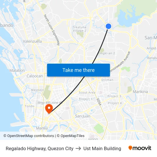 Regalado Highway, Quezon City to Ust Main Building map