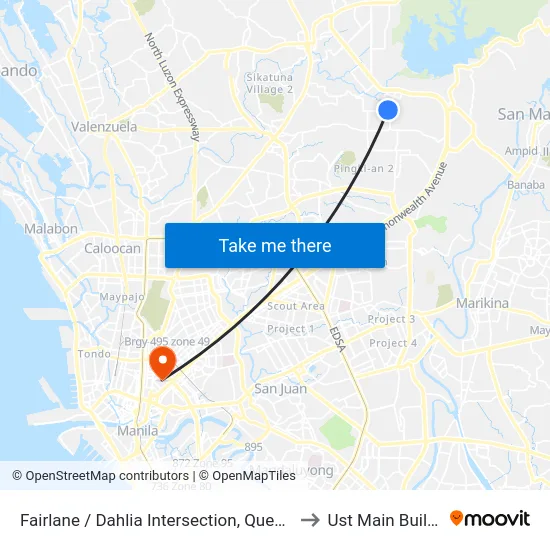 Fairlane / Dahlia Intersection, Quezon City to Ust Main Building map