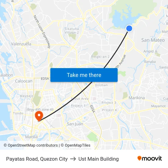 Payatas Road, Quezon City to Ust Main Building map