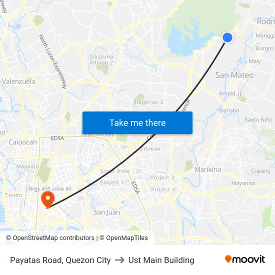 Payatas Road, Quezon City to Ust Main Building map